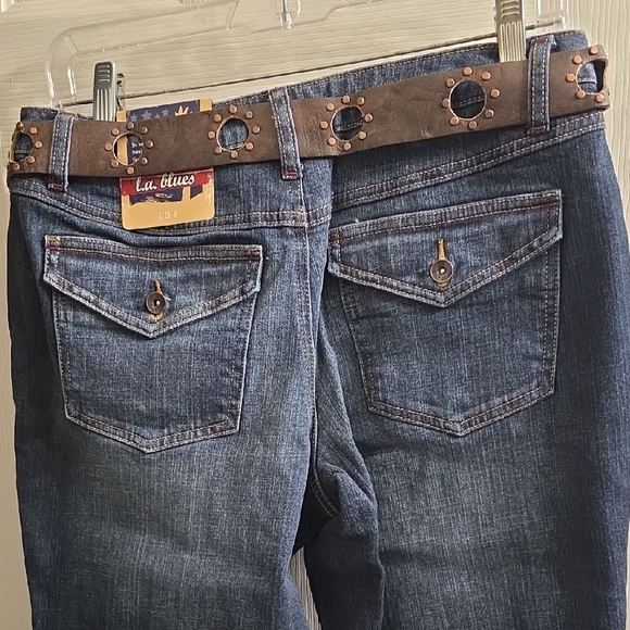 L.A. Blues Women's Dark Blue Flare Jeans with Brown Studded Belt Size 8 - Picture 4 of 8